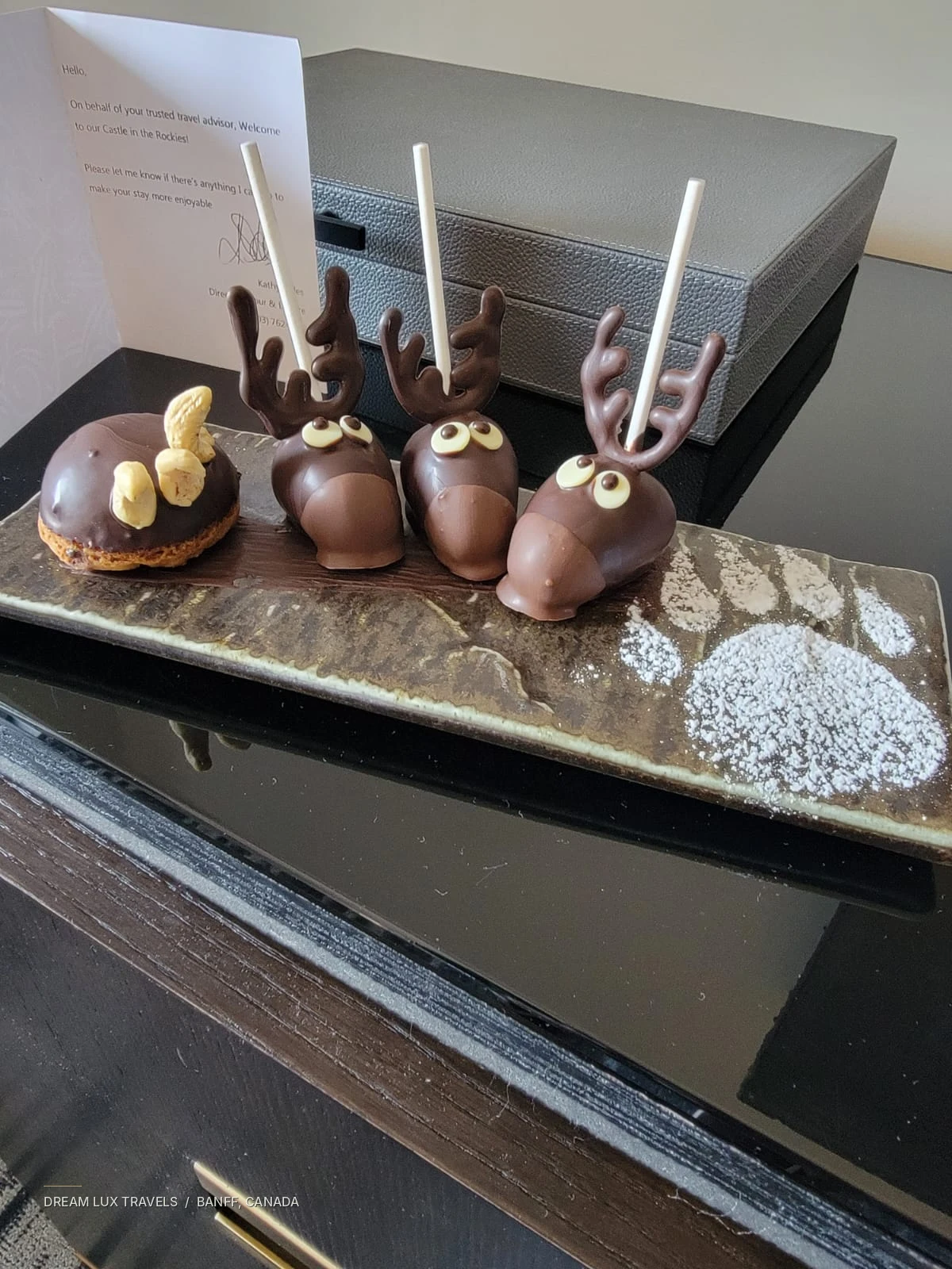 Chocolate reindeer welcome treats provided at Fairmont Banff Springs.