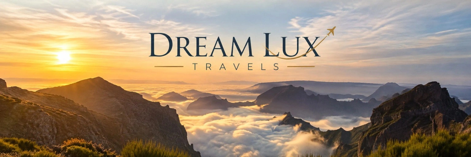 Dream Lux Travels signature banner over Madeira's peaks and sea of clouds at sunrise