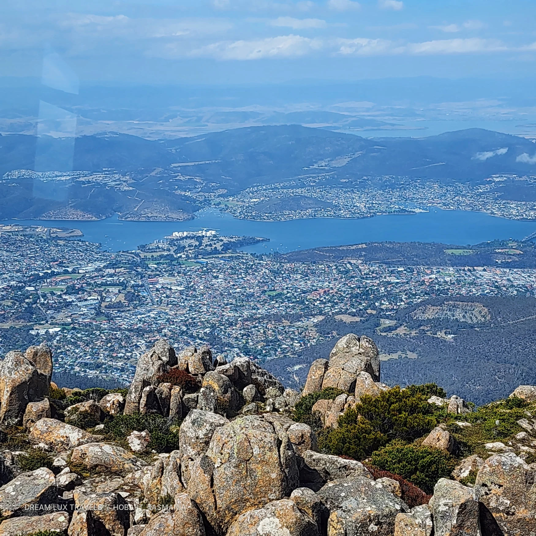 Hobart and the bay seen from a hilltop lookout.